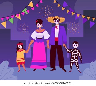 The Death Day holiday in vector illustration with a happy family with parents and children in national clothes and with kalaki makeup on the background of a city