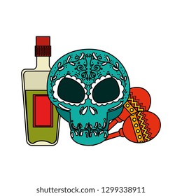 death day mask with tequila bottle and maracas