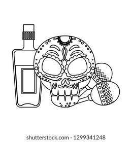 death day mask with tequila bottle and maracas