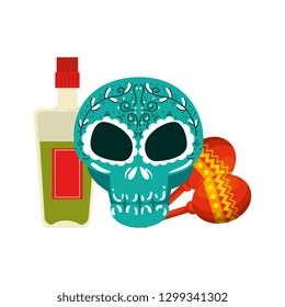 death day mask with tequila bottle and maracas