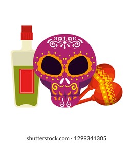 death day mask with tequila bottle and maracas