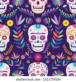 Death Day, seamless pattern, sugar skull on a floral background