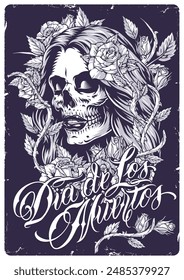 Death day vintage flyer monochrome with female skull and plants for mexican holiday dia de los muertos vector illustration