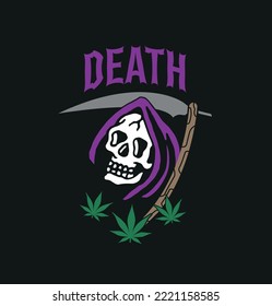 El diseño de la muerte. El rey de la cannabis. Muerte con flores. Vector sin cráneo de maleza