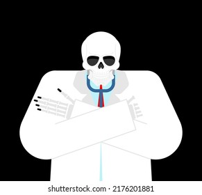 Death doctor. Doctor Grim Reaper in white coat. Vector illustration