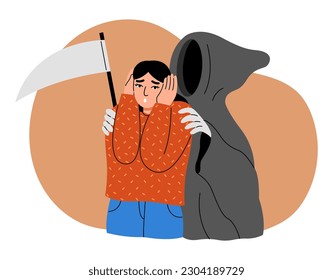 Death fear, phobia psychology concept. Scared woman afraid of reaper in cape with scythe behind her. Flat vector illustration.