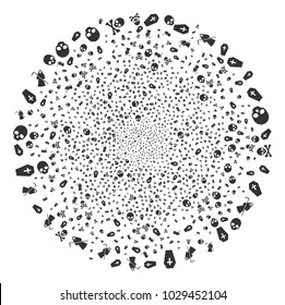Death festive round cluster. Object pattern organized from scattered death design elements as fireworks sphere. Vector illustration style is flat iconic symbols.