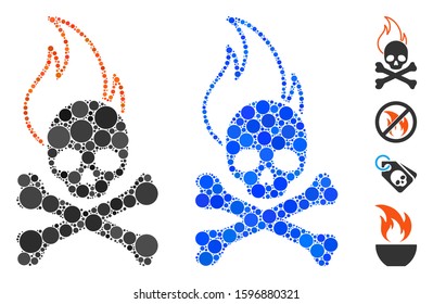 Death fire composition of filled circles in various sizes and color hues, based on death fire icon. Vector round elements are organized into blue composition.