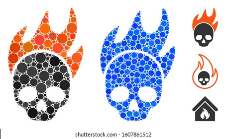 Death fire composition of filled circles in variable sizes and color tones, based on death fire icon. Vector random circles are organized into blue composition.