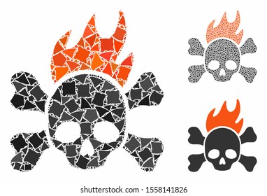 Death fire composition of tremulant pieces in variable sizes and shades, based on death fire icon. Vector irregular pieces are combined into composition. Death fire icons collage with dotted pattern.