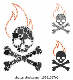 Death fire mosaic of irregular pieces in various sizes and color tints, based on death fire icon. Vector irregular elements are grouped into collage. Death fire icons collage with dotted pattern.