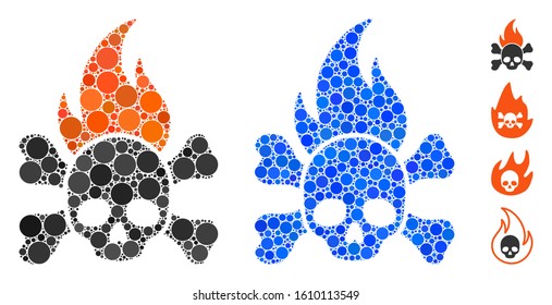 Death fire mosaic of small circles in various sizes and shades, based on death fire icon. Vector small circles are grouped into blue collage. Dotted death fire icon in usual and blue versions.