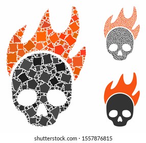Death fire mosaic of unequal elements in various sizes and color tinges, based on death fire icon. Vector humpy elements are united into collage. Death fire icons collage with dotted pattern.