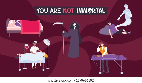 Death flat background with dead people in in bed on operating table on stretcher ambulance vector illustration 