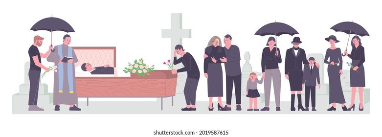 Death flat composition with funeral burial service dead man in coffin priest and mourning people vector illustration