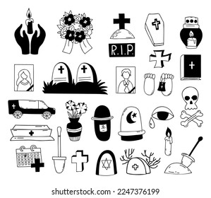 Death   funeral  Collection vector doodles  Grave  cross  cemetery  coffin   hearse  skull   crossbones   ashes  wreath   candle  Isolated hand drawings for funeral theme design 