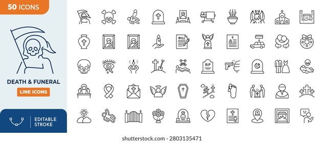 Death and funeral line editable icon set. Contain icons related to funerals and death, coffins, urns, wreaths, candles, gravestone, crosses, and more. Editable stroke. Vector illustration