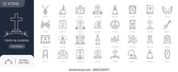 Death and Funeral Services Line Icon Set