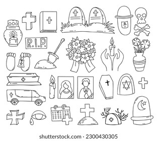 Death and funeral symbol. Grave, cross, cemetery, portrait of deceased, lampada, coffin and hearse, skull and crossbones and ashes, wreath and candle. Set vector doodles. Isolated outline drawings.