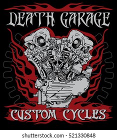 "Death garage custom cycles" poster. Stylish handcrafted illustration of knuckle twin motorcycle engine with twin skeletons in ink technique. Biker poster, t-shirt design, tattoo idea.