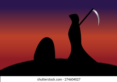 Death with grave silhouette sunset