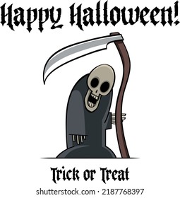 Death in gray with scythe - happy Halloween holiday image. Scary and spooky character, illustration for greeting card. Isolated on white background.