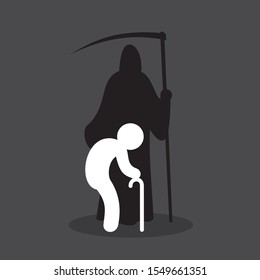 Death Grim reaper is going to kill old aged weak and ill man.  Vector illustration