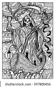 The Death, Grim Reaper. Hand drawn vector illustration. Engraved line art drawing, black and white doodle.