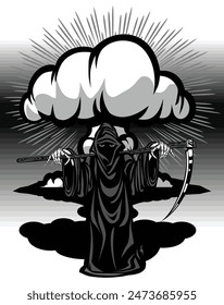 Death Grim Reaper with nuclear explosion mushroom cloud. Vector in cartoon black and white style 