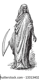 Death or the Grim Reaper, shown with a Scythe and clothed in a Black Cloak with a Hood, vintage engraved illustration. Dictionary of Words and Things - Larive and Fleury - 1895