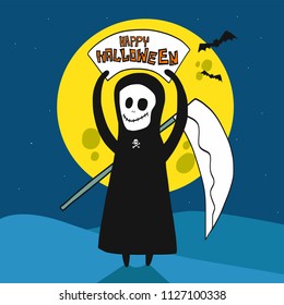 The Death happy Halloween and full moon cartoon vector illustration