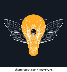 Death head hawk moth with light bulb on dark background in retro vintage style. Design template for tattoo, print, cover. Vector illustration. 