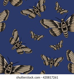 Death head moth. Hand drawn vector stock illustration. Seamless background pattern