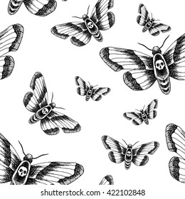 Death head moth. Hand drawn vector stock illustration. Black and white seamless background pattern