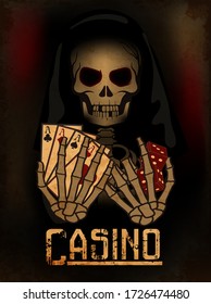 Death holds casino dice and poker cards, wallpaper, vector illustration