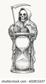 Death in hood and with scythe   hourglass  Vector illustration in engraving style 
