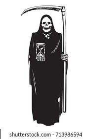 Death with hourglass and scythe. Deadline concept.Halloween character. Black and white sketch. Hand drawn vector illustration.