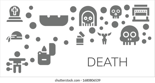 death icon set. 11 filled death icons.  Simple modern icons such as: Cemetery, Ashtray, Pirate scarf, Lighter, Voodoo doll, Skull, Death, Yorick, Guillotine