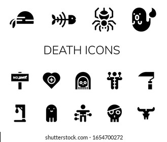 death icon set. 14 filled death icons.  Simple modern icons such as: Pirate scarf, Fish bone, Spider, Ghost, Gallow, War, Health, Voodoo doll, Death, Skull, Scythe