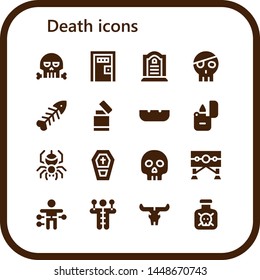 death icon set. 16 filled death icons.  Collection Of - Skull, Death penalty, Tombstone, Fishbone, Lighter, Ashtray, Spider, Coffin, Yorick, Guillotine, Voodoo doll, Toxic