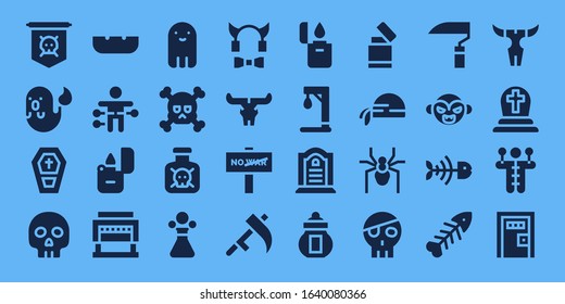 death icon set. 32 filled death icons. Included Jolly roger, Ghost, Coffin, Yorick, Ashtray, Voodoo doll, Lighter, Guillotine, Skull, Toxic, Poison, Devil, War, Scythe, Gallow icons