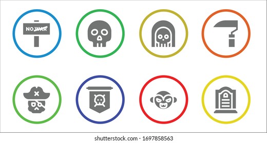 death icon set. 8 filled death icons.  Simple modern icons such as: War, Skull, Yorick, Jolly roger, Death, Vampire, Scythe, Tombstone