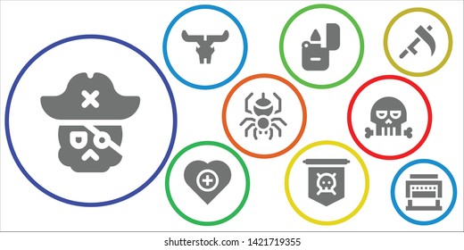 death icon set. 9 filled death icons.  Collection Of - Skull, Lighter, Health, Jolly roger, Spider, Scythe, Guillotine