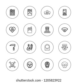 Death icon set. collection of 16 outline death icons with cigarette, cigarettes, death, eyepatch, health, frankenstein, guillotine, mexican skull, pirate hat, poison icons.