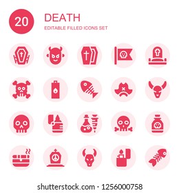 death icon set. Collection of 20 filled death icons included Funeral, Devil, Coffin, Pirate flag, Cemetery, Skull, Lighter, Fish bone, Pirate hat, Bull skull, Poison, Ashtray