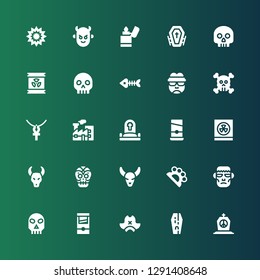 death icon set. Collection of 25 filled death icons included Tombstone, Coffin, Pirate hat, Guillotine, Skull, Frankenstein, Brass knuckles, Bull skull, Mexican skull, Radioactivity