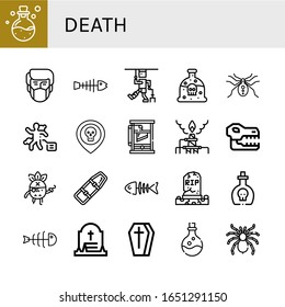 death icon set. Collection of Poison, Pollution, Fishbone, Injury, Spider, Crime scene, Skull, Guillotine, Pirate, Spinal board, Fish bone, Grave, Coffin, Tarantula icons