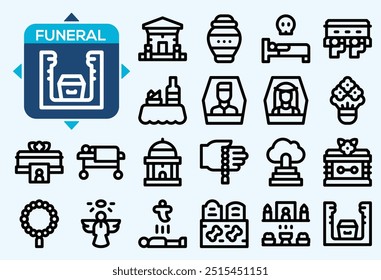 Death icon set. Containing tombstone, cemetery, dead, funeral, hell, pass away, murder, angel, coffin and ashes icons. Solid icon collection. Vector illustration.