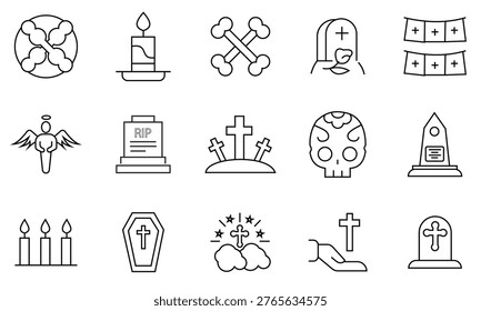 Death icon set. Containing tombstone, cemetery, dead, funeral, hell, pass away, murder, angel, Holy bible book, spirituality, worship, prayer, church symbols coffin and ashes icons. 