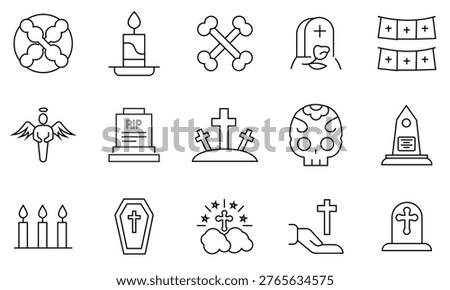 Death icon set. Containing tombstone, cemetery, dead, funeral, hell, pass away, murder, angel, Holy bible book, spirituality, worship, prayer, church symbols coffin and ashes icons. 